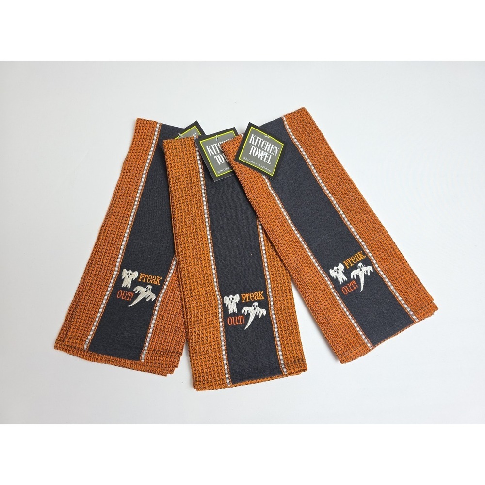 Kitchen dish Towel set of 3 Halloween Freak Out Ghost Fall orange black NEW‎
